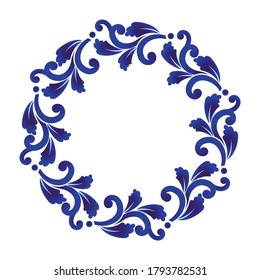 decorative border round frame, blue and white circle ornament template porcelain decor, abstract ornamental with leaves for design ceramic, pottery, Chinaware pattern, boutiques, Victorian, vector