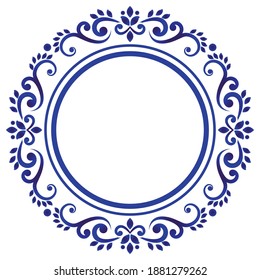 decorative border round frame, blue and white circle ornament template porcelain decor, abstract ornamental with leaves for design ceramic, pottery, Chinaware pattern, boutiques, Victorian, vector