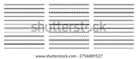Decorative border set, geometric ornamental divider lines, seamless trims. Invitation, card, textile, packaging, frame, scrapbook web decoration Vector illustration