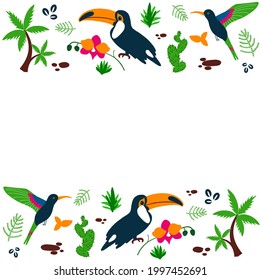 Borde decorativo personaje de dibujos animados de aves de Toucan, hoja, colibrí, ilustración de vector Cute aislada en fondo blanco, fauna sudamericana, fondo exótico decorativo, animal salvaje para marco de diseño