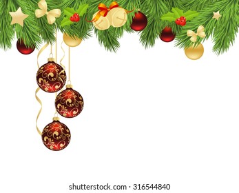 Decorative border and traditional Christmas objects. Vector illustration