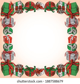 Decorative border from various drawn gifts boxes