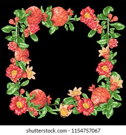 Decorative border vector frame wreath with pomegranate fruits and flowers in graphic design illustration