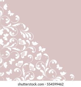 The decorative border. Vintage background for greeting cards, paper, Wallpaper, banners. The lace pattern. The flowers and butterflies. Angle decoration, design element.