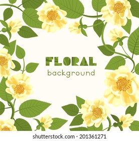 Decorative border with yellow roses. Square floral frame with wild roses and leaves. Floral background for your design. Copy space. Vector file is EPS8. All elements are grouped.