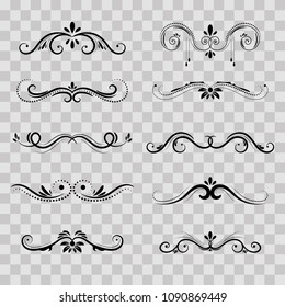 Decorative borders and frame set, vignette elements on transparent background for design. Wedding card, menu, congratulation.