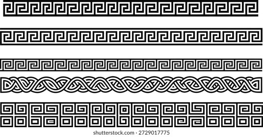 Bordes decorativos con clave griega y patrones de nudo celta Palabras claves clave griega, meandro, borde, decorativo, patrón, nudo celta, entrelazado.