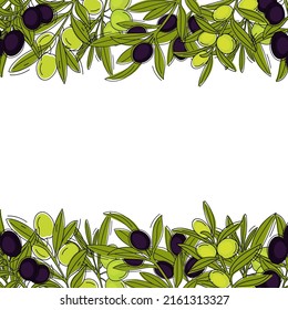 Bordes decorativos con ramas de olivo dibujadas a mano para el diseño. Ilustración vectorial.