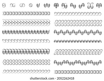 Decorative borders with rhythmic rounded pattern, set of graphic design elements isolated on white background. Vector.