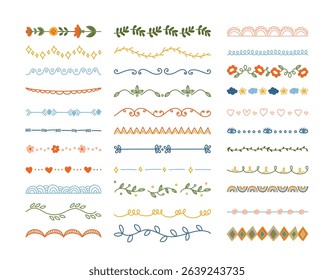 Decorative borders, romantic separation stripes and filigree divider set isolated on white background. Calligraphic ornamental dividing lines, floral botanical embellishment vector illustration