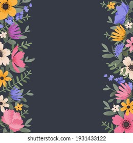 Decorative borders with summer flowers. Floral greeting card with place for text. Template for invitation card with beautiful peonies and anemone flowers. Vector illustration
