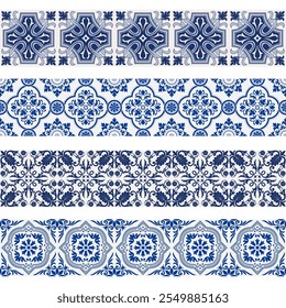 Bordas decorativas de vários ornamentos azulejos portugueses. Pincéis de padrão sem emenda incluídos.