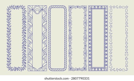 Decorative borders with vine geometric rope floral and celestial motifs arranged vertically in fine blue outlines