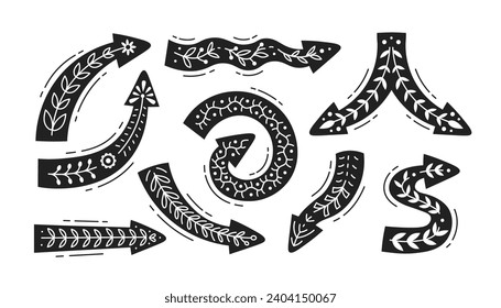 Decorative botanical arrows vector set. Elegant flourish direction pointers collection with ethnic ornament. Black and white doodle symbols and signs illustrations.