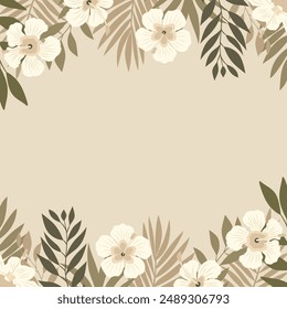 Decorative botanical card with twigs, hibiscus flowers and palm leaves. Light beige background for projects.