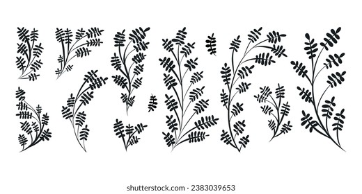 Decorative botanical doodle twigs with leaves. Set of vector isolated black branches.