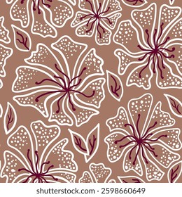 Decorative botanical floral seamless pattern. Hand drawn flowers with leaves on coffee-brown background. For textile, wallpaper, print, wrapping, scrapbooking. Spring illustration
