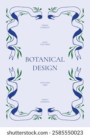 Decorative botanical frame with blue curved ribbon and green leaves. Elegant, minimal floral ornament. Suitable for wedding invitations, anniversary greeting cards, menus, flyers, posters, and