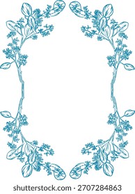 Um quadro botânico decorativo com elegantes florais azuis e ilustrações folhosas dispostas simetricamente nos lados esquerdo e direito. A área central em branco limpo fornece espaço para o texto, tornando-o