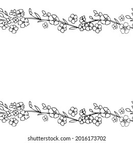 Decorative botanical frame myosotis line art isolated on white background, Forget-me-not flower backdrop, hand drawn doodle illustration, wild flower, floral border design for greeting card, wedding