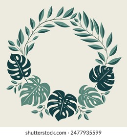 Decorative botanical frame with twigs and large monstera leaves.