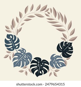 Decorative botanical frame with twigs and large monstera leaves.