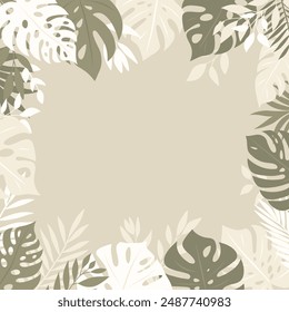 Decorative botanical frame with twigs and large monstera leaves. Light beige background for projects.
