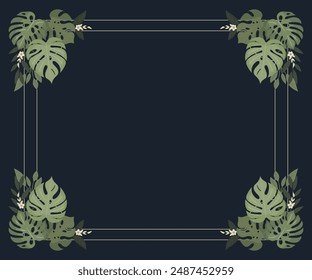 Decorative botanical frame with twigs, small flowers and large monstera leaves. Navy blue background for projects.