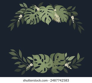 Decorative botanical frame with twigs, small flowers and large monstera leaves. Navy blue background for projects.
