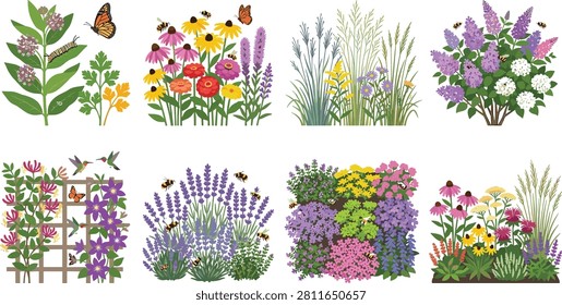 Decorative botanical illustration set featuring wildflower beds, lavender bushes, flowering vines, butterflies, bees, and hummingbirds. Ideal for gardening, landscaping, nature education, invitations, packaging, and seasonal design projects.
