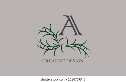 Decorative botanical logo with the letter A. Elegant floral wedding monogram, invitations, labels.