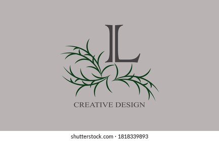 Decorative botanical logo with the letter L. Elegant floral monogram for weddings, invitations, labels, business.
