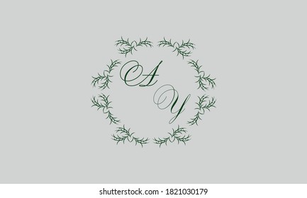 Decorative botanical logo with one or two letters (A, Y). Elegant floral monogram for wedding, invitation, label, business.