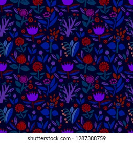 decorative botanical ornament with flowers and bells, tulip on the glade, seamless vector pattern on a dark background