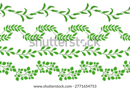 Decorative botanical pattern featuring green leafy vines with curved stems and clustered oval leaves on white background. Vector illustration