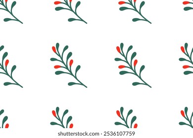 Decorative botanical pattern featuring red berries and green leaves on a white background