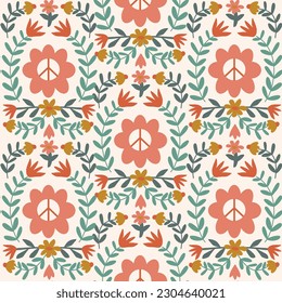 Decorative botanical pattern with peace symbol. 70s retro style floral print with leaves and vines. 