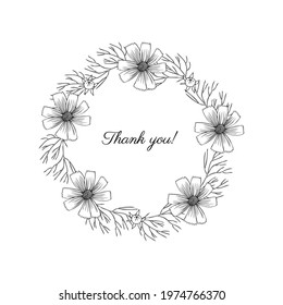 Decorative botanical wreath, round frame Kosmos flower, kosmeya hand drawn doodle ink sketch illustration, wild flower astra, floral design for greeting cards, wedding invite, cosmetic packaging