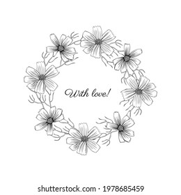 Decorative botanical wreath, round frame Kosmos flower, kosmeya hand drawn doodle ink sketch illustration, wild flower astra, floral design for greeting card, wedding invite, cosmetic packaging