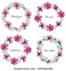 Flor botánica decorativa, marco redondo, flor de kosmos, doodle dibujado a mano con kosmeya ilustración colorida, astra de flores silvestres, diseño floral para tarjetas de saludo, invitación a la boda, empaque cosmético