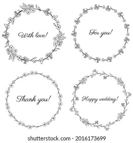 Decorative botanical wreath set myosotis, round frame Forget-me-not flower, hand drawn doodle ink sketch illustration, wild flower, floral design for greeting card, wedding invite, cosmetic packaging