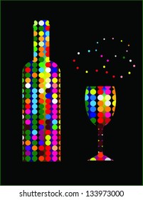 Decorative bottle and glass on the black background