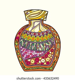 Decorative bottles hand-drawn and painted, zentangl style.
 Vector graphics.
