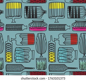 Decorative bottles seamless pattern design. Home and kitchen textile decoration series.
