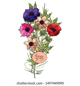 Decorative bouquet of bright anemone flowers. Bright colours. Hand drawing style. Botanical Doodling. Isolated object on a white background. Lettering. Postcard. With thanks.