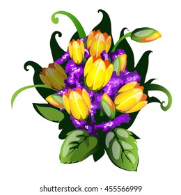 Decorative bouquet of bright flowers isolated on white background. Yellow tulips. Vector illustration.