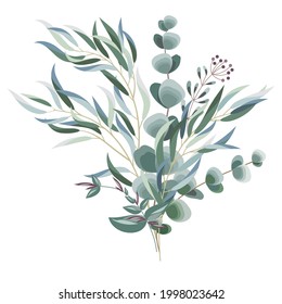 Decorative bouquet with eucalyptus branches on a white background. Design element for decoration. Vector illustration
