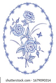 Decorative bouquet, floral arrangement in an oval patterned frame in blue tones in a folk style, traditional oriental or European painting, Dutch style.