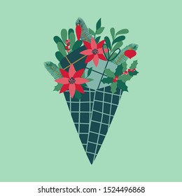 Decorative bouquet with leaves of Holly, Mistletoe, pine branches, flowers poinsettia and colorful gifts. Christmas holiday. Colored vector illustration in flat cartoon style.