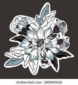 Decorative  bouquet of pomegranate flowers and leaves drawn in boho style.Collage blue,grey  buds and outlines design elements. Abstract plant art design for print.Vector  fashionable template.